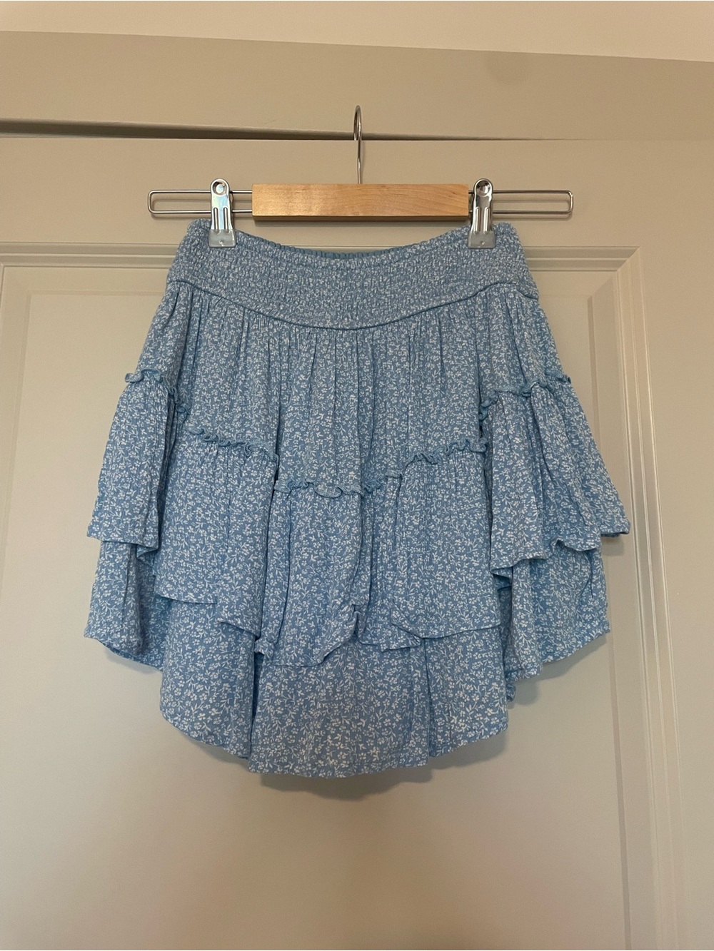 Hollister Light Blue Floral Tiered Ruffle Mini Skirt